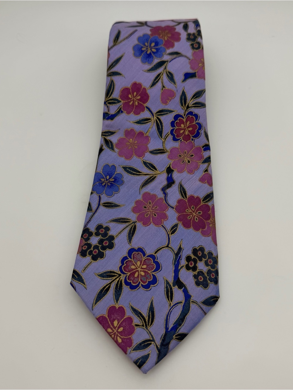Men's Floral Silk Tie Lavender with Pink and Blu 100% Silk Handmade in Thailand